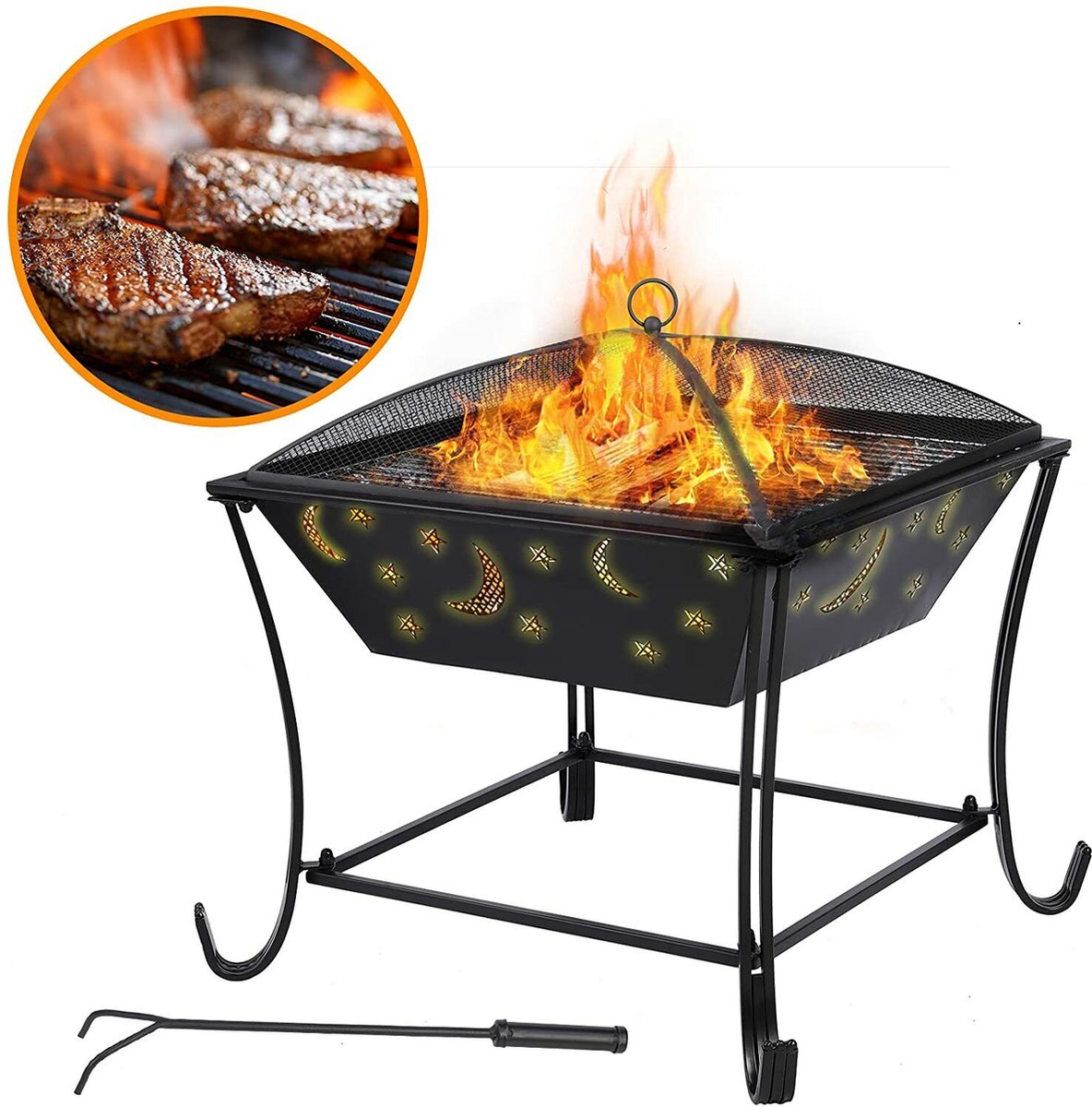 Brasero Jardin Carré 81×81×50 Cm – Foyer Fer Avec Couvercle Pare-Étincelles, Grille BBQ, Tisonnier, Chauffage & Barbecue