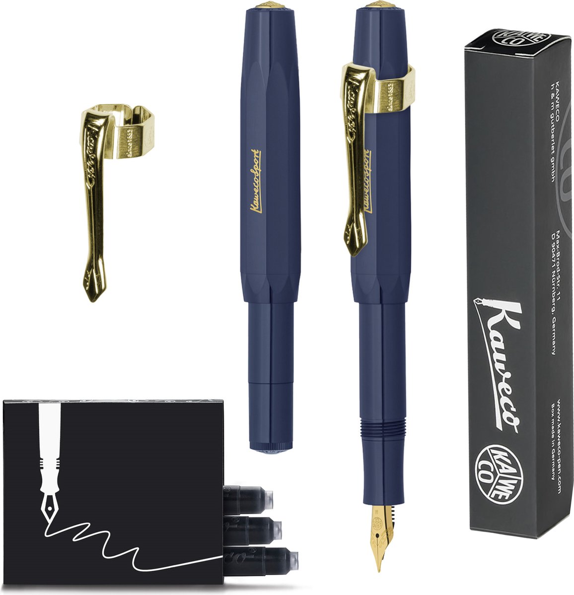Kaweco  (3delig) - Vulpen CLASSIC SPORT NAVY Fountain Pen - Extra Breed - Nostalgie Oktogonal Clip Vergoldet - Doosje Vullingen