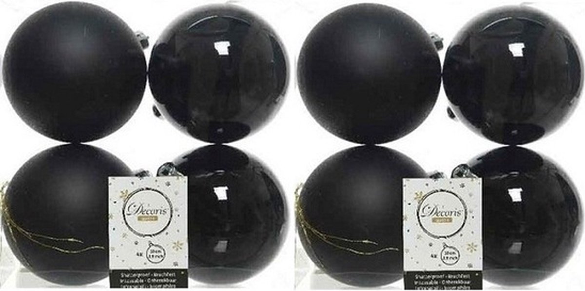 Kerstballen set van 8 stuks in zwart kunststof, 10 cm groot, van Decoris voor kerstversiering.