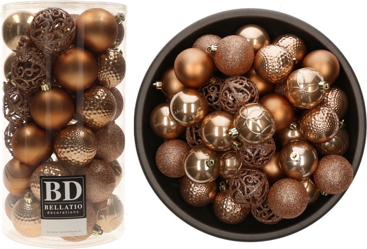 Bellatio Decorations Kerstballen mix - 74-delig - camel bruin - 6 cm - kunststof