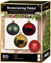 Kerstbal en piek set 91x licht goud-donkergroen-rood voor 150 cm boom - Kerstboomversiering