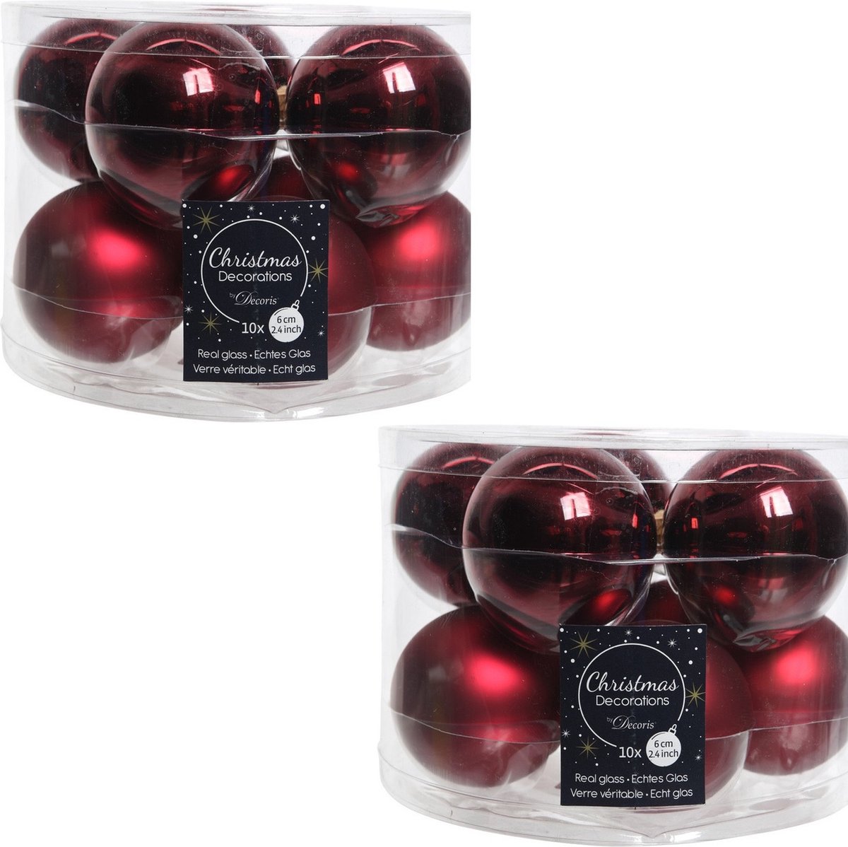 20x Donkerrode glazen kerstballen 6 cm - glans en mat - Glans/glanzende - Kerstboomversiering donkerrood