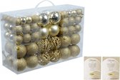 Pakket met 100x gouden kerstballen kunststof inclusief kerstbalhaakjes - Kerstboomversiering gouden kerstballen kerstversiering