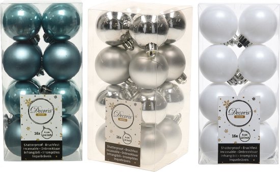 48x Stuks kunststof kerstballen mix wit/zilver/ijsblauw 4 cm - Kleine kerstballetjes - Kerstboomversiering