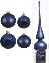 Compleet glazen kerstballen pakket donkerblauw glans/mat 38x stuks - 18x 4 cm en 20x 6 cm - Inclusief piek mat