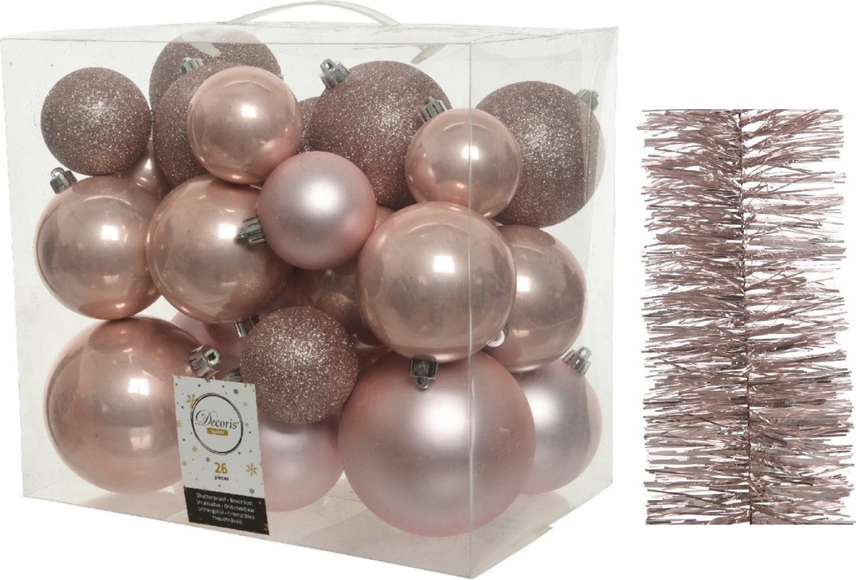 Kerstversiering kunststof kerstballen 6-8-10 cm met folieslingers pakket lichtroze van 28x stuks - Kerstboomversiering