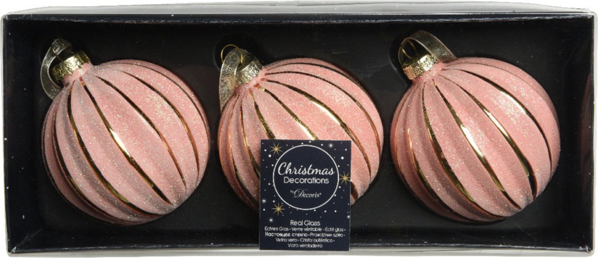 12x stuks luxe glazen kerstballen brass roze met glitter 8 cm - Kerstversiering/kerstboomversiering