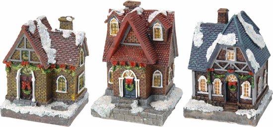 Kerstdorp huisjes set van 3x huisjes met Led verlichting 13 cm - Kleuren veranderen doorlopend voor extra sfeer