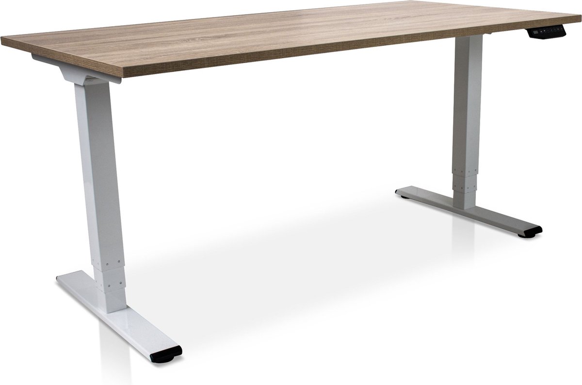 Zit-sta bureau elektrisch verstelbaar - MRC COMFORT NEN-EN 527 | 160 x 80 cm | frame wit - blad midden eiken