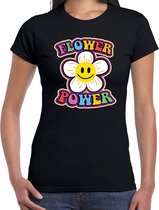 Toppers Jaren 60 Flower Power verkleed shirt zwart met emoticon bloem dames - Sixties/jaren 60 kleding M