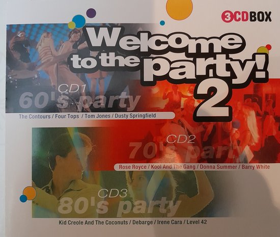 De hoes van de cd 'Welcome to the party! 2' met afbeeldingen van dansende mensen en tekst.