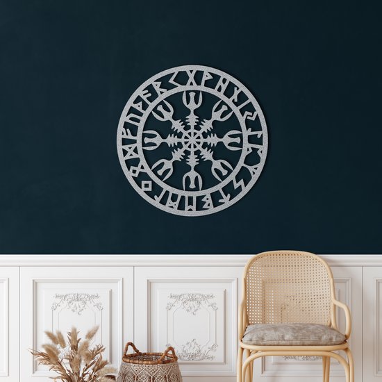 Wanddecoratie | Vikingkompas / Viking Compass | Metal - Wall Art | Muurdecoratie | Woonkamer | Buiten Decor |Zilver| 72x72cm