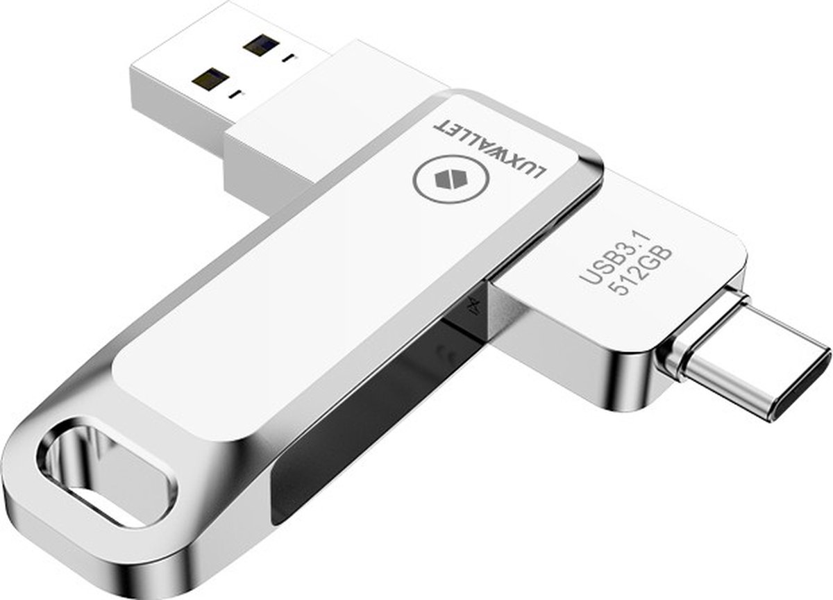 LUXWALLET PD8 - USB Stick 512GB USB-C Type-C 3.1- USB 3.0 Flash Drive - Geschikt voor Mac / Windows / Linux / iPad - OTG –360 Graden Roteerbaar – Zilver