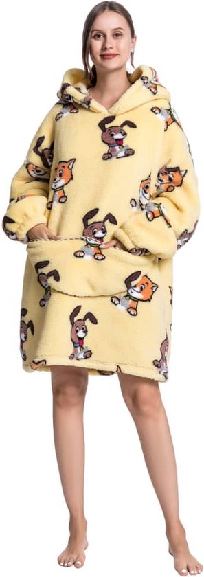 Katjes & puppies fleece deken met mouwen en capuchon – fleece hoodie – fleece kleed met capuchon en mouwen – maat XS t/m XL – TV plaid met mouwen - 90 cm - chillen – relax outfit – geel - Badrock