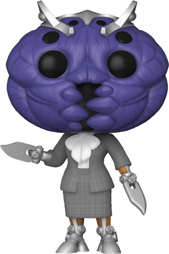 Funko Pop! Miek figuur met paars hoofd, grijze kleding, zilveren schoenen en mesjes in handen.