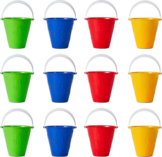 Bramble 12 Strandemmertjes voor Kinderen in 4 Kleuren (Groen, Blauw, Rood, Geel) - Speelgoedemmerset voor Zandbak en Strand - Stevig Kunststof met Handvatten