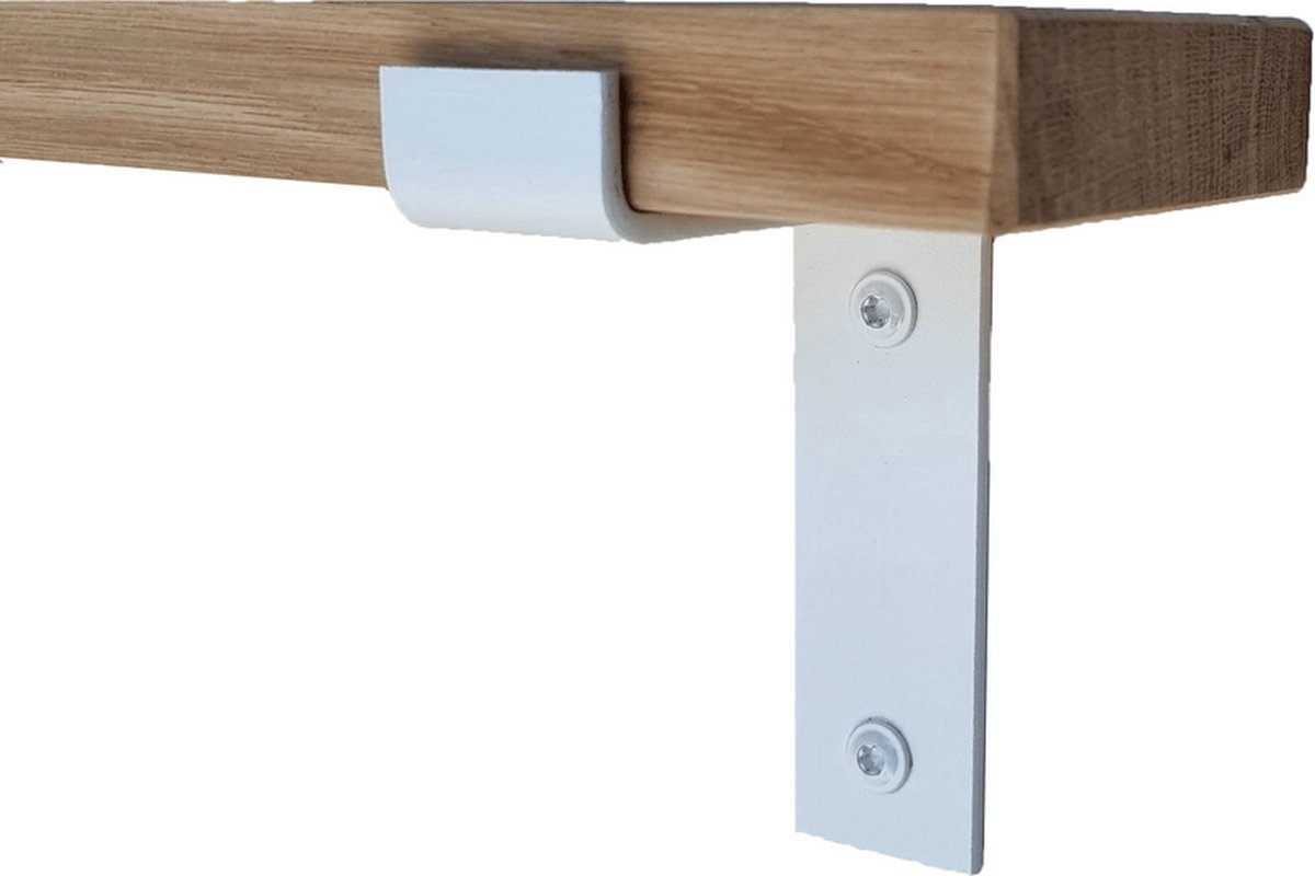 GoudmetHout Wandplank Industrieel - 40 x 10 cm Muurplank - Eiken Hout - Decoratie Wandrek & Boekenrek - Hangplank Keuken - Wall Shelf + 2 Mat Witte Plankdragers van Staal Licht eiken, Mat Wit