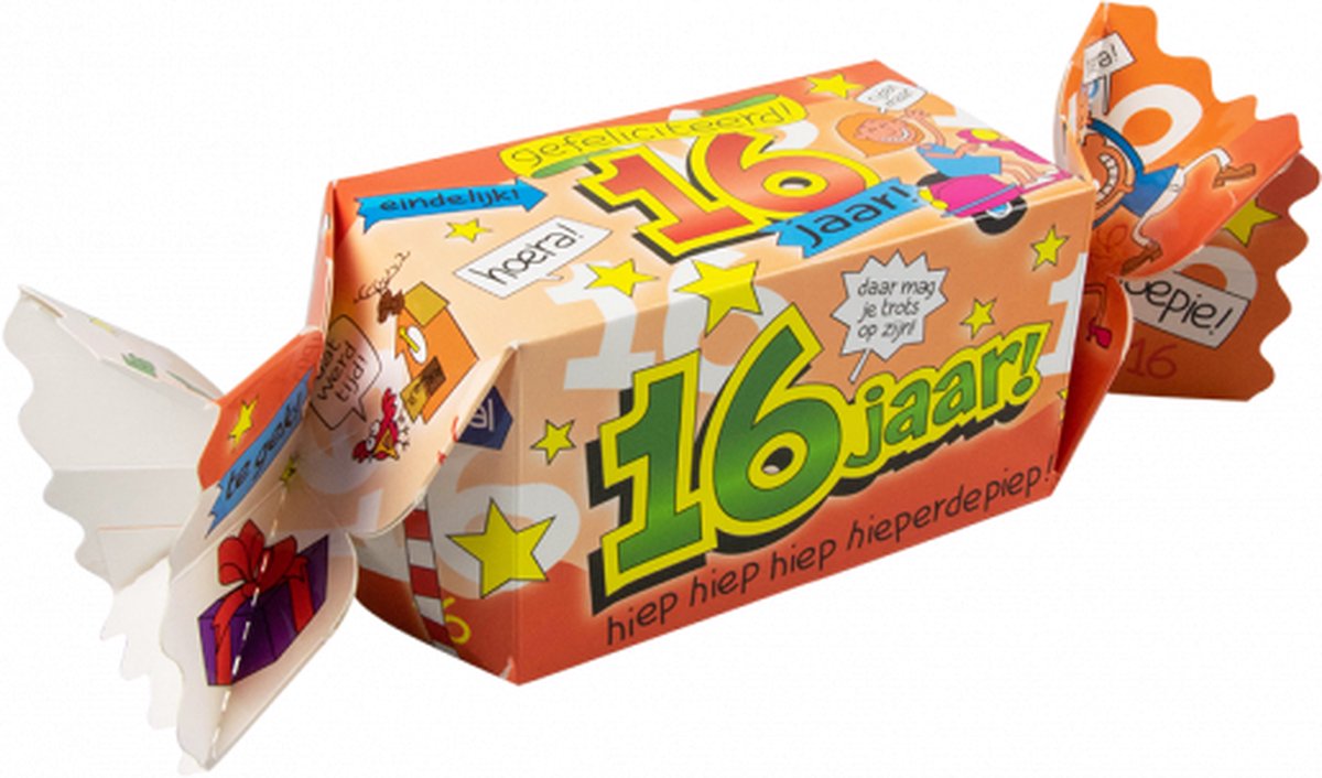 Snoeptoffee - 16 jaar - Gevuld met luxe verpakte toffees - In cadeauverpakking met gekleurd lint