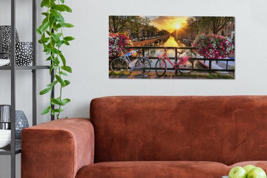 Peinture sur toile - Amsterdam - Vélo - Fleurs - Soleil - Rose - Salon - 80x40 cm - Peintures sur toile - Toile entoilée - Décoration murale