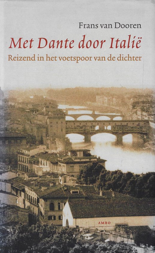 Boek 'Met Dante door Italië' met een sepia-afbeelding van een Italiaanse stad.