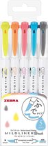 Zebra Mildliner Brush Pennen, Mild Friendly Colors  Set van 5 verpakt in een Bag