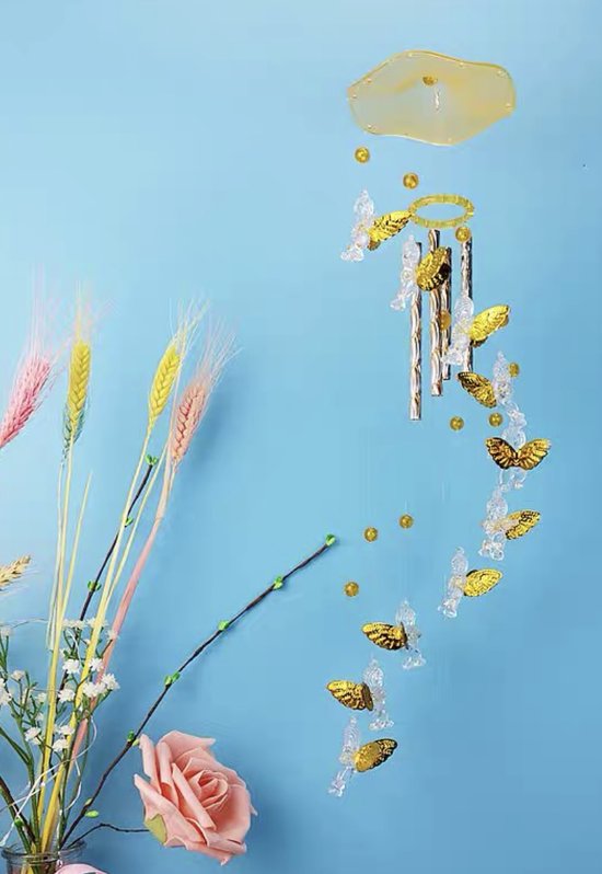 engelen windgong met 11 kleine engeltjes onder elkaar in gouden kleur (Kunststof en aluminium)