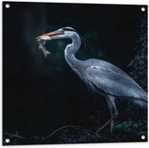 WallClassics - Tuinposter – Blauwe Reiger heeft een Vis Gevangen - 80x80 cm Foto op Tuinposter  (wanddecoratie voor buiten en binnen)