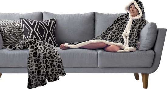 Linnick Flannel Fleece Blanket + Hoodie with Hood Leopard - noir/blanc - 140x200cm - 130x180cm - Plaid