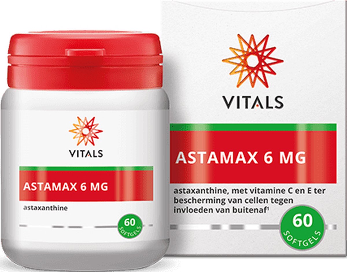 Goedkoopste Vitals Astamax 6 mg Astaxanthine - 60 softgels - antioxidanten. Natuurlijke astaxanthine uit algen met vitamine C en E ter bescherming van cellen tegen invloeden van buitenaf.