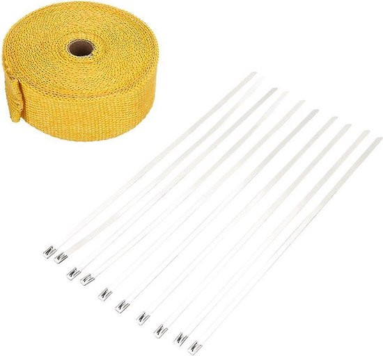 Uitlaat warmte wrap isolatie tape wrap geel 5 Meter - 50MM breed + RVS tie ribs