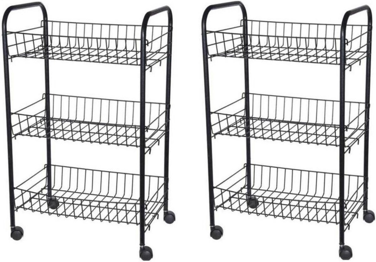Set van 2x stuks zwarte keuken trolleys met manden op wielen 0 x 26 x 62 cm - Keukentrolleys - Keuken/badkamer rekje van metaal