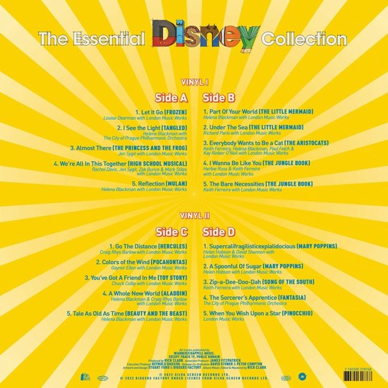 Gele hoes met de achterkant van de hoes die de tracklist van 'The Essential Disney Collection' bevat, verdeeld over 4 kanten (A, B, C, D).