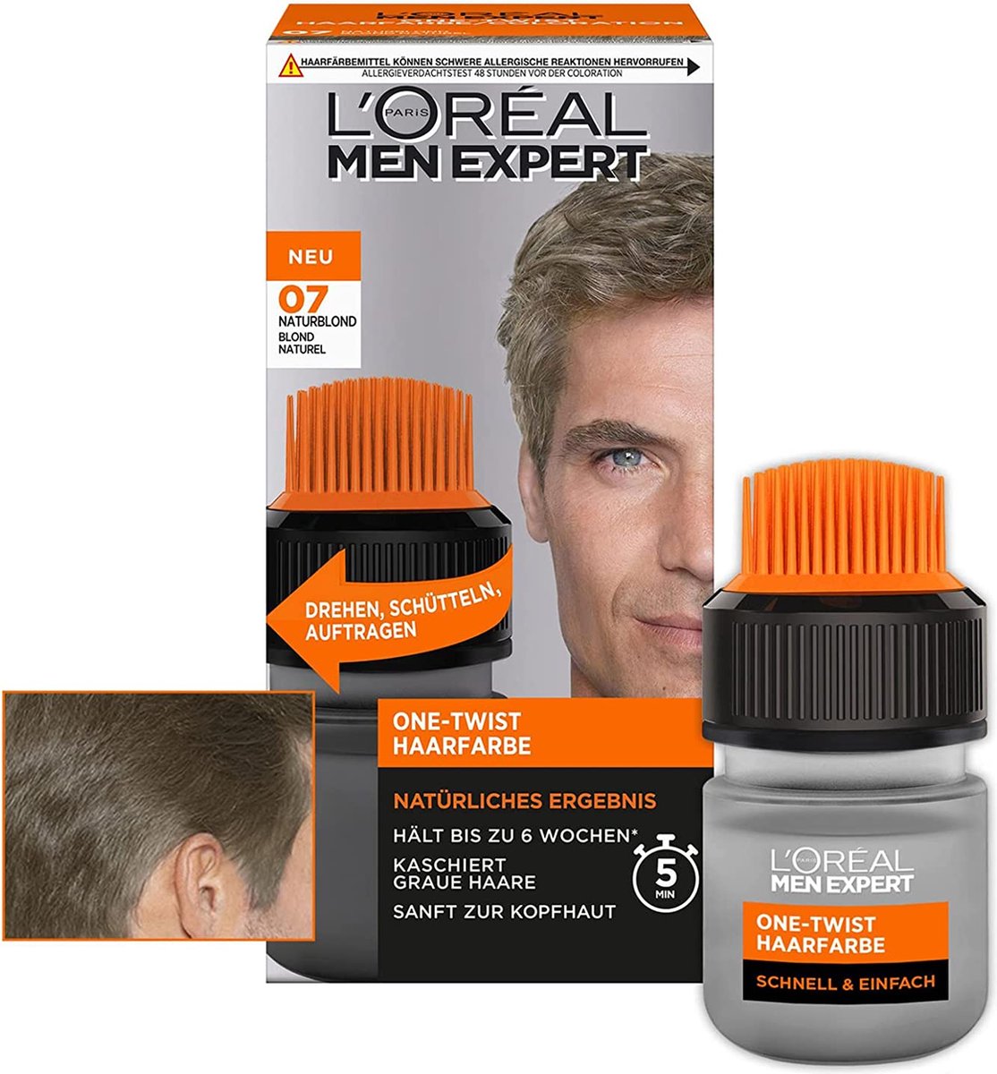 L'Oréal Men Expert haarkleuring voor mannen, 100% grijsdekking gedurende 6 weken, geschikt voor alle haartypes, One-Twist haarkleuring, No. 7 Natural Blonde, 1 stuk