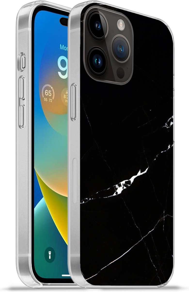 Telefoonhoesje Geschikt voor Apple Iphone 14 Pro hoesje - Marmer print - Zwart - Natuurstenen - Siliconen Telefoonhoesje Telefoonhoesje