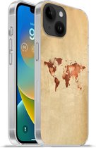 Geschikt voorApple Iphone 14 - Softcase hoesje - Wereldkaart - Hart - Bruin - Siliconen Telefoonhoesje