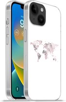 Geschikt voorApple Iphone 14 - Softcase hoesje - Wereldkaart - Marmer print - Grijs - Siliconen Telefoonhoesje