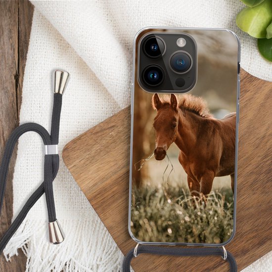 Étui de téléphone adapté à Apple iPhone 14 Pro - Cheval - Léger - Pâturage - Siliconen - Bandoulière - Coque arrière avec cordon - Étui de téléphone avec cordon - Étui avec corde Étui de téléphone
