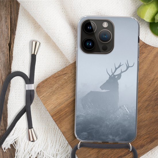 Coque de téléphone compatible avec Apple iPhone 14 Pro - Cerf - Brume - Forêt - Siliconen - Bandoulière - Coque arrière avec cordon - Coque avec cordon - Coque avec corde