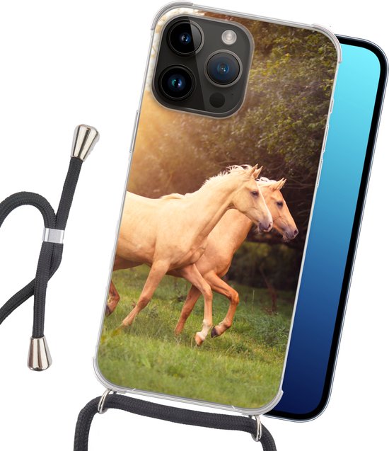 Coque de téléphone adaptée à Apple Iphone 14 Pro - Paarden - Forêt - Soleil - Siliconen - Bandoulière - Coque arrière avec cordon - Coque de téléphone avec cordon - Coque avec corde