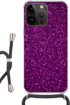 Geschikt voorApple Iphone 14 Pro - Crossbody Case - Paars - Roze - Patronen - Abstract - Siliconen - Crossbody - Backcover met Koord - Telefoonhoesje met koord - Hoesje met touw