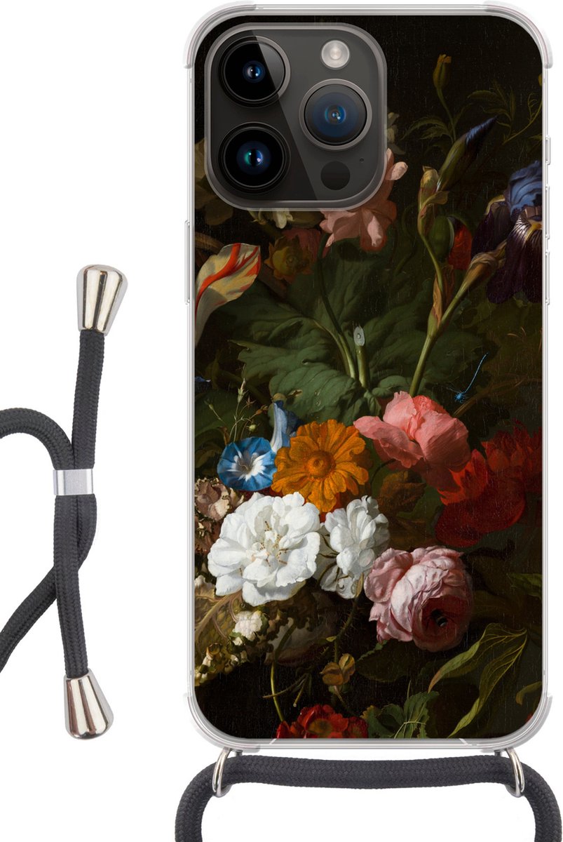 Telefoonhoesje Geschikt voor Apple Iphone 14 Pro - Vaas met bloemen - Schilderij van Rachel Ruysch - Siliconen - Crossbody - Backcover met Koord - Telefoonhoesje met koord - Hoesje met touw Telefoonhoesje