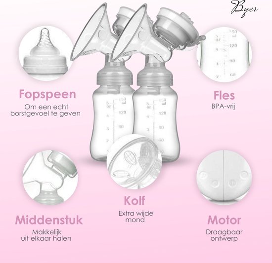 BYER Elektrische Dubbele Borstkolf Kolfapparaat - Luxe Comfort Kolfset - 2X Babyfles/Kolf - 100% BPA-Vrije Borstpomp - 150 ml van BYER — afbeelding 3