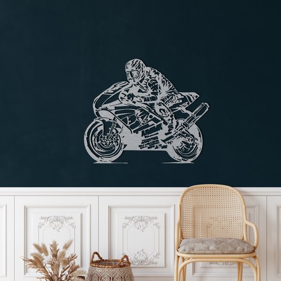 Wanddecoratie | Motorrace / Motorcycle Race| Metal - Wall Art | Muurdecoratie | Woonkamer | Buiten Decor |Zilver| 60x50cm