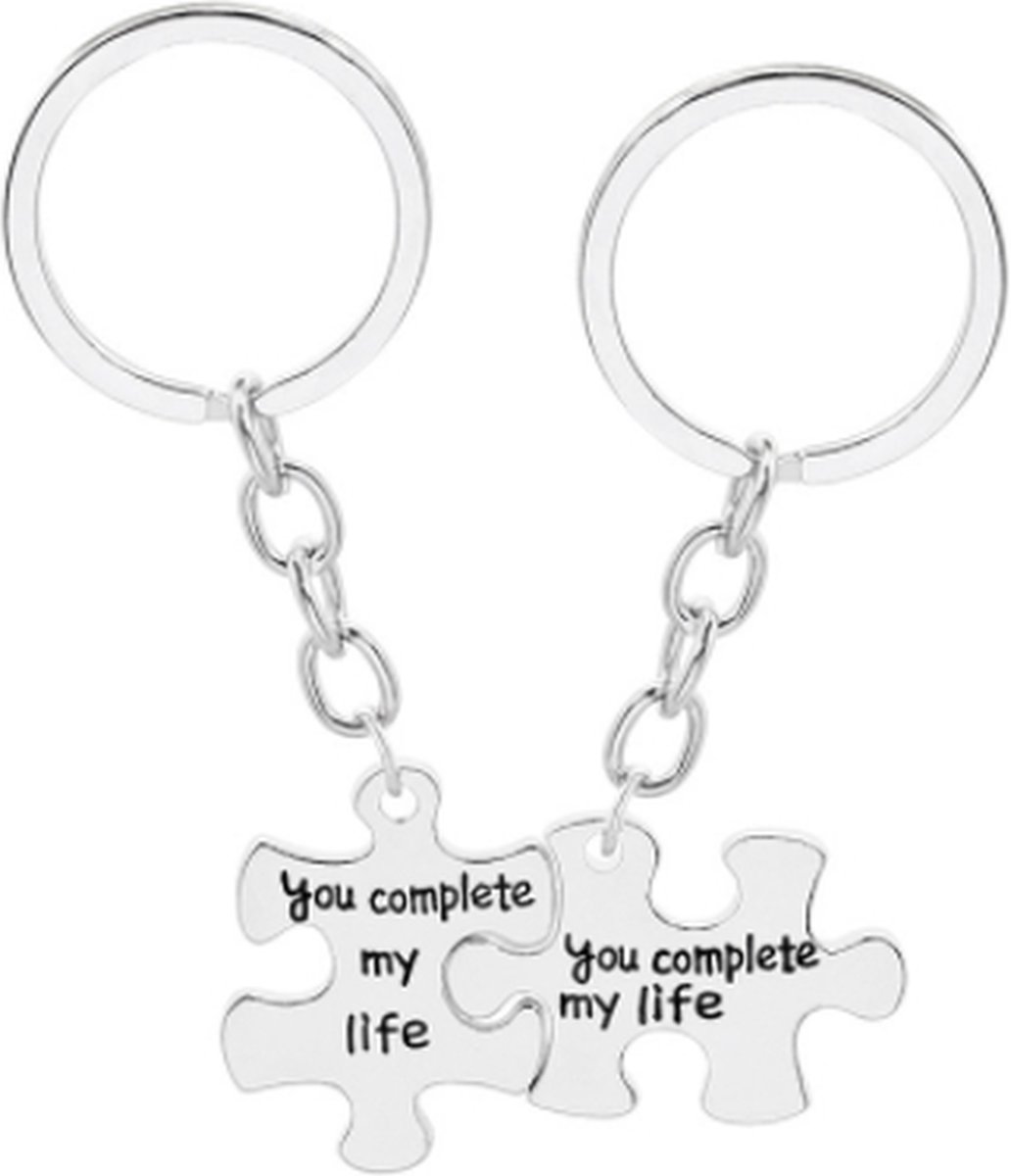 Bixorp Friends Vriendschap Sleutelhanger voor 2 met Puzzelstukjes "You Complete my Life" Zilverkleurig - Best Friends BFF Cadeau voor haar