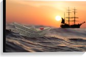 WallClassics - Canvas  - Papieren Bootje op Zee met Groot Schip en Zon - 60x40 cm Foto op Canvas Schilderij (Wanddecoratie op Canvas)