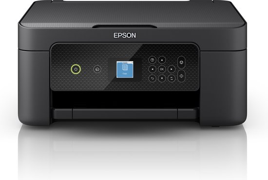 Zwarte Epson printer met bedieningspaneel, display en knoppen, met papier in de uitvoerlade.
