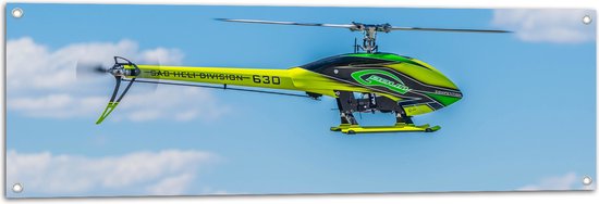 WallClassics - Tuinposter – Geel Groene Helikopter bij Wolken - 120x40 cm Foto op Tuinposter  (wanddecoratie voor buiten en binnen)