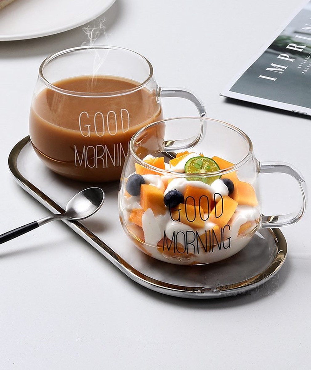 Malinsi Good Morning Glazen - 2 Stuks 400ml - Koffie en Thee Beker - Dessert en Ontbijt Glas - Theeglazen - Koffiebeker - Cadeau voor Man & Vrouw