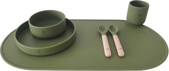 7 delige set Siliconen Kinderservies set ( Olive ) - Eetset peuter - Baby Servies - Antislip - BPA vrij - Onbreekbaar - Giftset - Kraamcadeau - Babyshower - Siliconen Kinderbestek - siliconen servies baby set - Cadeau van Cangaroo — afbeelding 3