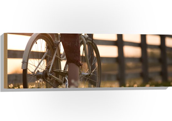 WallClassics - Hout - Fietser door Bloemenveld - 90x30 cm - 12 mm dik - Foto op Hout (Met Ophangsysteem)